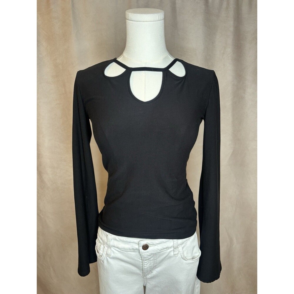 Mudd Black Cutout Bell Sleeve Top S Stretch Y2K Inspired Fitted Shirt